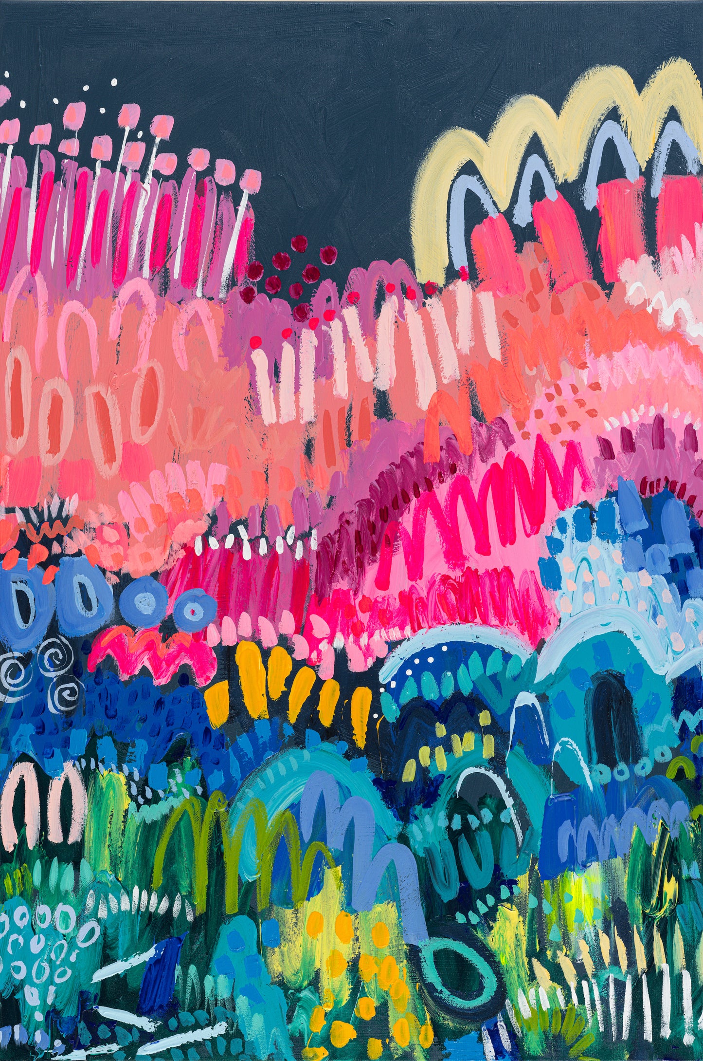 Original Hayley Pearson Art acrylic painting on canvas featuring a vibrant abstract pattern with neon pinks, buttery yellows, juicy greens, and icy blues.